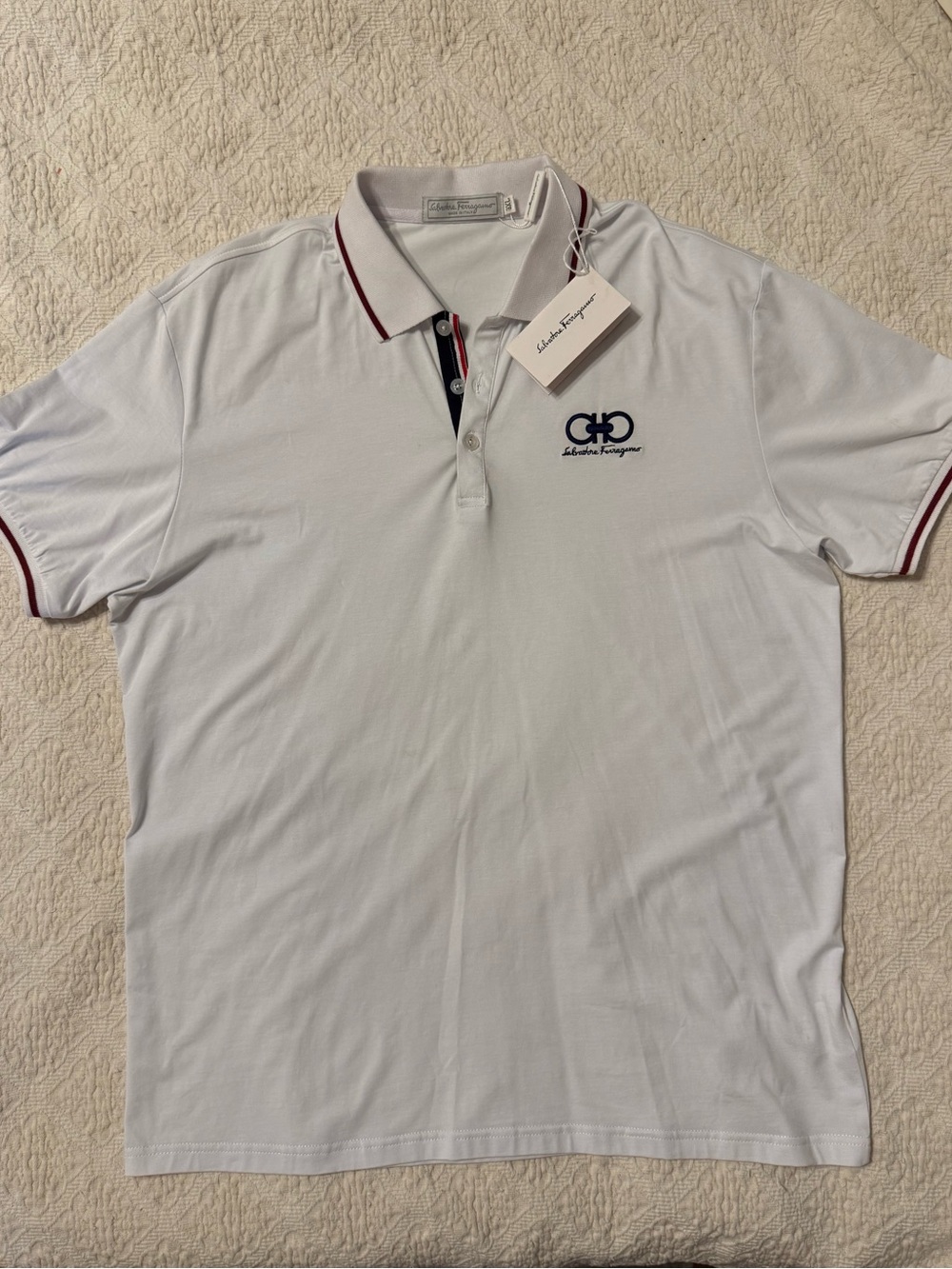 Salvatore Ferragamo White Polo with Burgundy Trim and Navy Logo